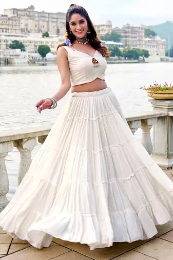 White Gamthi Work Mirror Detailed Pure Rayon Navratri Lehenga Choli With Jacket Set