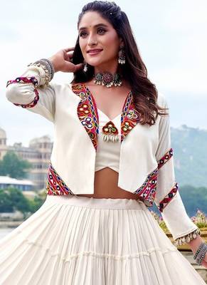 White Gamthi Work Mirror Detailed Pure Rayon Navratri Lehenga Choli With Jacket Set 3