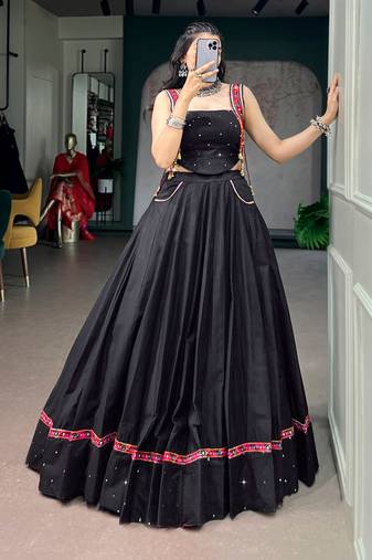 Black Mirror Work Pure Cotton Kutchi Lace Lehenga Choli with Multicolor Tassel Detailing