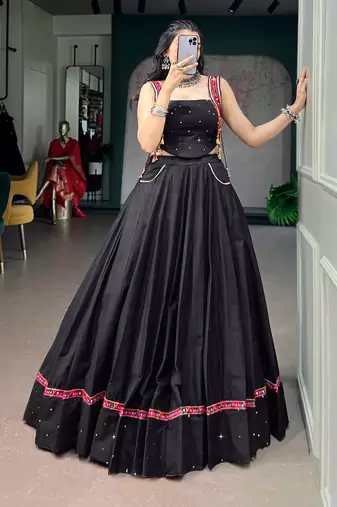 Black Mirror Work Pure Cotton Kutchi Lace Lehenga Choli with Multicolor Tassel Detailing