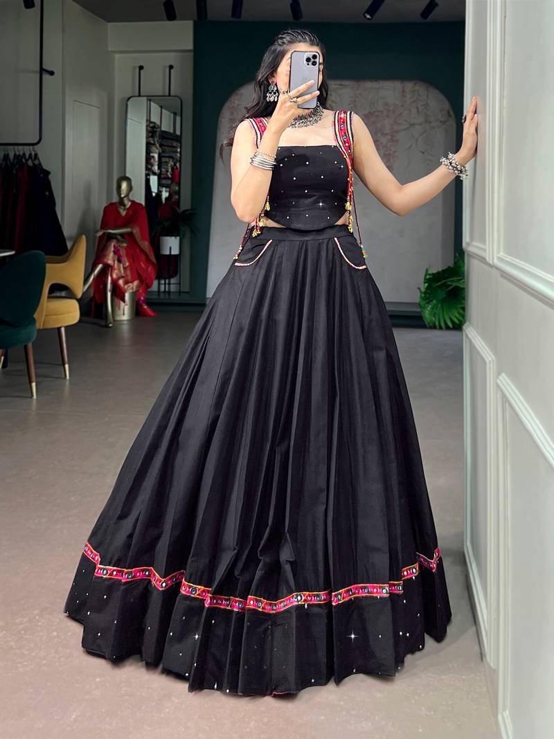 Black Mirror Work Pure Cotton Kutchi Lace Lehenga Choli with Multicolor Tassel Detailing