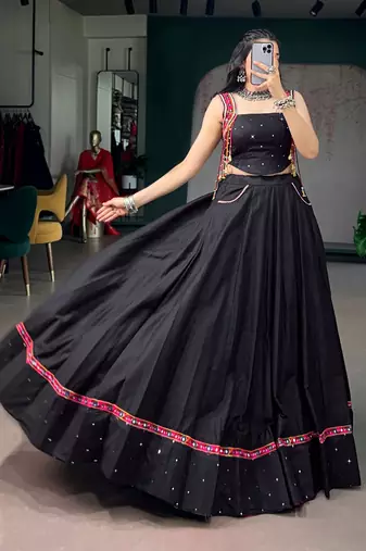 Black Mirror Work Pure Cotton Kutchi Lace Lehenga Choli with Multicolor Tassel Detailing