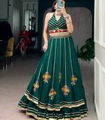 Bottle Green Gamthi Work Lightweight Lehenga Choli With Mirror Work & Gotta Patti Detailing