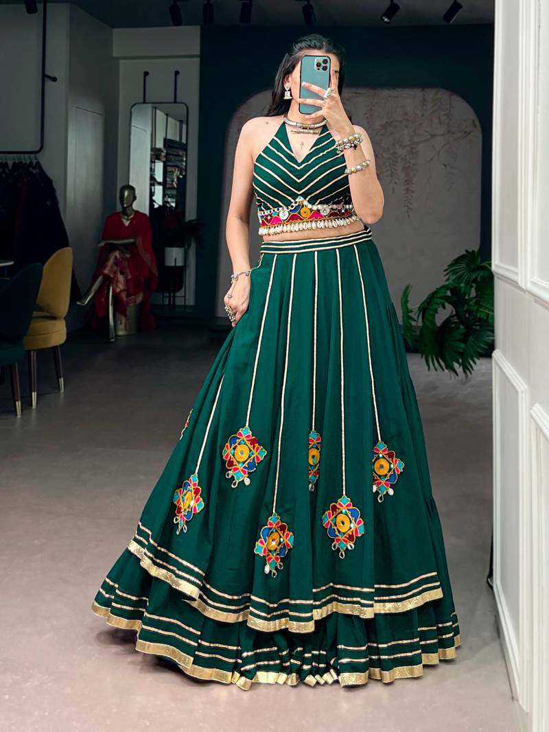 Bottle Green Gamthi Work Lightweight Lehenga Choli With Mirror Work & Gotta Patti Detailing