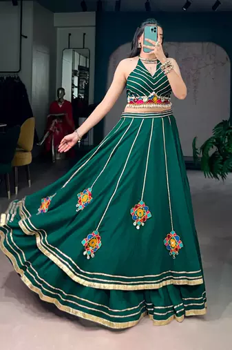 Bottle Green Gamthi Work Lightweight Lehenga Choli With Mirror Work & Gotta Patti Detailing