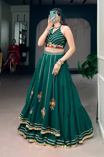 Bottle Green Gamthi Work Lightweight Lehenga Choli With Mirror Work & Gotta Patti Detailing