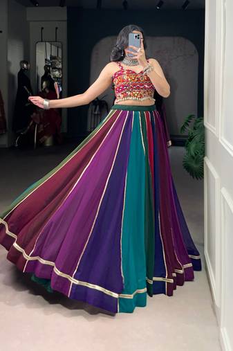 Multicolor Gamthi Mirror Work Georgette Navratri Lehenga Choli with Blouse