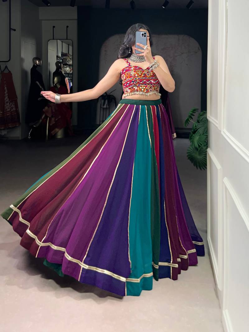 Multicolor Gamthi Mirror Work Georgette Navratri Lehenga Choli with Blouse