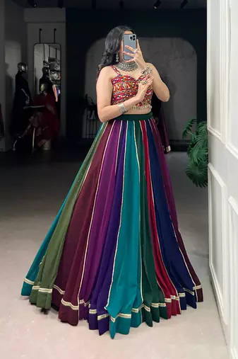 Multicolor Gamthi Mirror Work Georgette Navratri Lehenga Choli with Blouse
