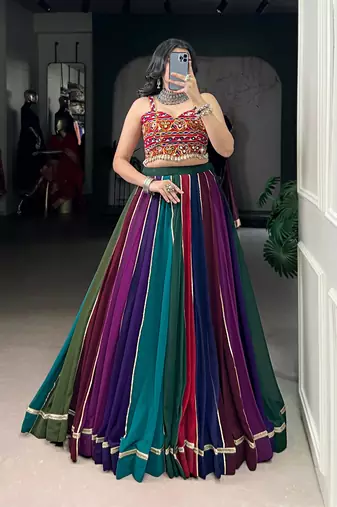 Multicolor Gamthi Mirror Work Georgette Navratri Lehenga Choli with Blouse