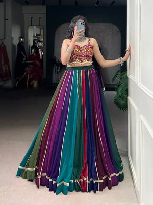 Multicolor Gamthi Mirror Work Georgette Navratri Lehenga Choli with Blouse 4