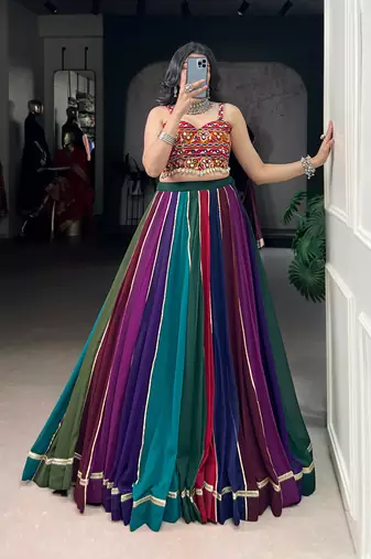 Multicolor Gamthi Mirror Work Georgette Navratri Lehenga Choli with Blouse