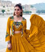 Mustard Yellow Gamthi Work Mirror Detailed Pure Rayon Navratri Lehenga Choli With Jacket Set