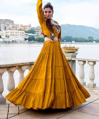 Mustard Yellow Gamthi Work Mirror Detailed Pure Rayon Navratri Lehenga Choli With Jacket Set 2