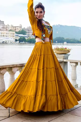 Mustard Yellow Gamthi Work Mirror Detailed Pure Rayon Navratri Lehenga Choli With Jacket Set