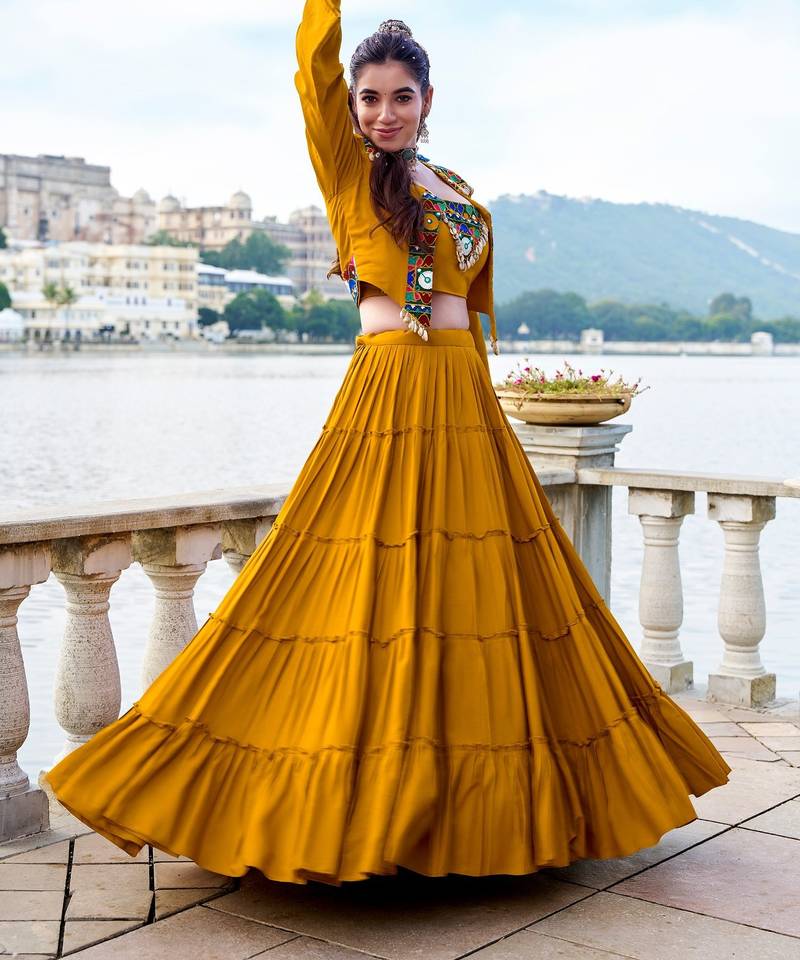 Mustard Yellow Gamthi Work Mirror Detailed Pure Rayon Navratri Lehenga Choli With Jacket Set