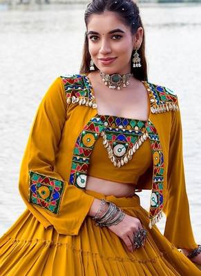 Mustard Yellow Gamthi Work Mirror Detailed Pure Rayon Navratri Lehenga Choli With Jacket Set 3