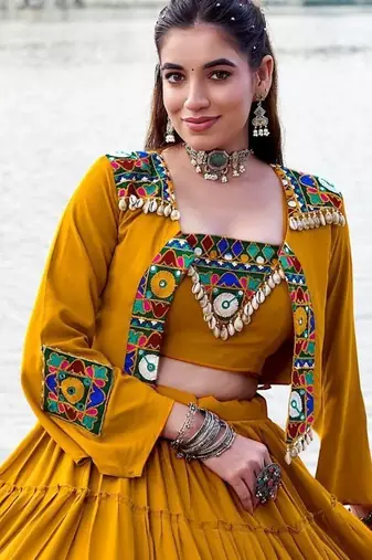 Mustard Yellow Gamthi Work Mirror Detailed Pure Rayon Navratri Lehenga Choli With Jacket Set