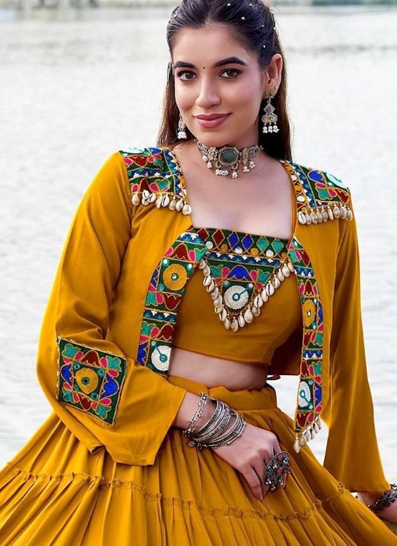 Mustard Yellow Gamthi Work Mirror Detailed Pure Rayon Navratri Lehenga Choli With Jacket Set