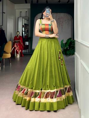 Olive Green Zari Weaving Cotton Navratri Lehenga Choli with Cowrie Lace Blouse 1