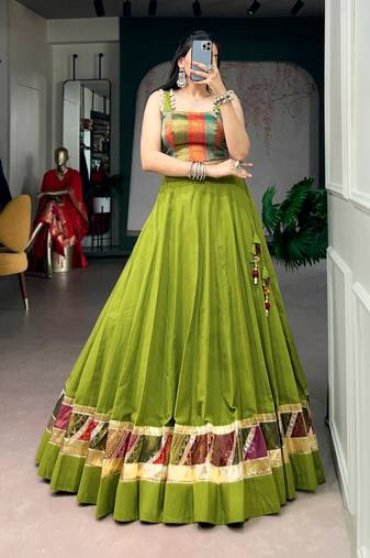 Olive Green Zari Weaving Cotton Navratri Lehenga Choli with Cowrie Lace Blouse