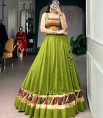 Olive Green Zari Weaving Cotton Navratri Lehenga Choli with Cowrie Lace Blouse