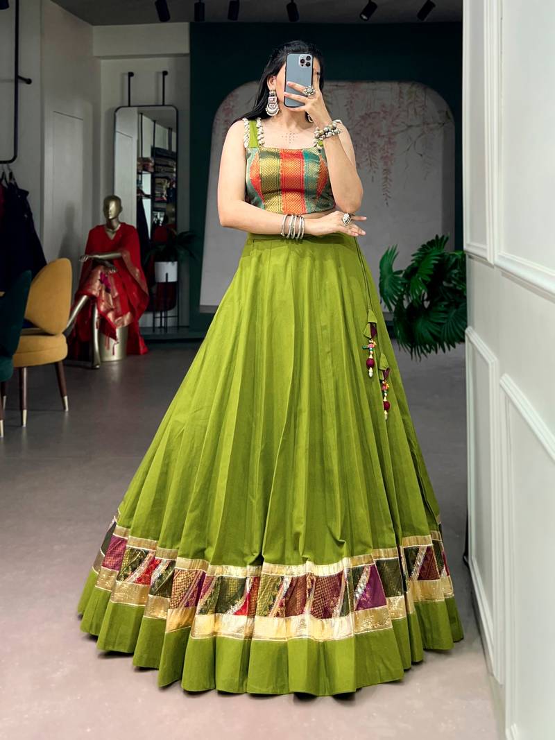 Olive Green Zari Weaving Cotton Navratri Lehenga Choli with Cowrie Lace Blouse