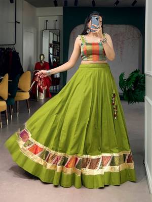 Olive Green Zari Weaving Cotton Navratri Lehenga Choli with Cowrie Lace Blouse 2