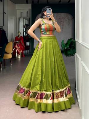 Olive Green Zari Weaving Cotton Navratri Lehenga Choli with Cowrie Lace Blouse 3