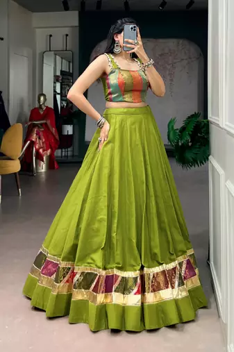 Olive Green Zari Weaving Cotton Navratri Lehenga Choli with Cowrie Lace Blouse