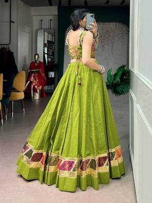 Olive Green Zari Weaving Cotton Navratri Lehenga Choli with Cowrie Lace Blouse 4