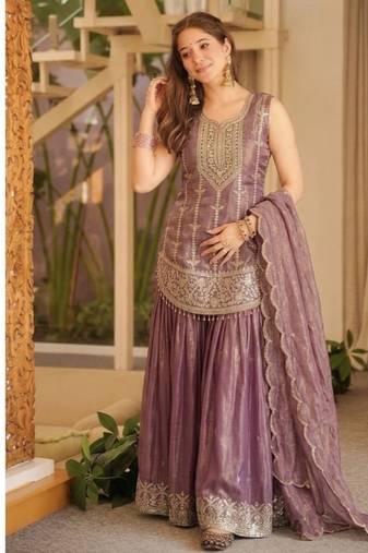 Purple embroidery fendy silk full stitched sharara palazzo suit set