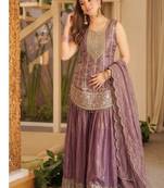 Purple embroidery frendy full stitched sharara palazzo suit set