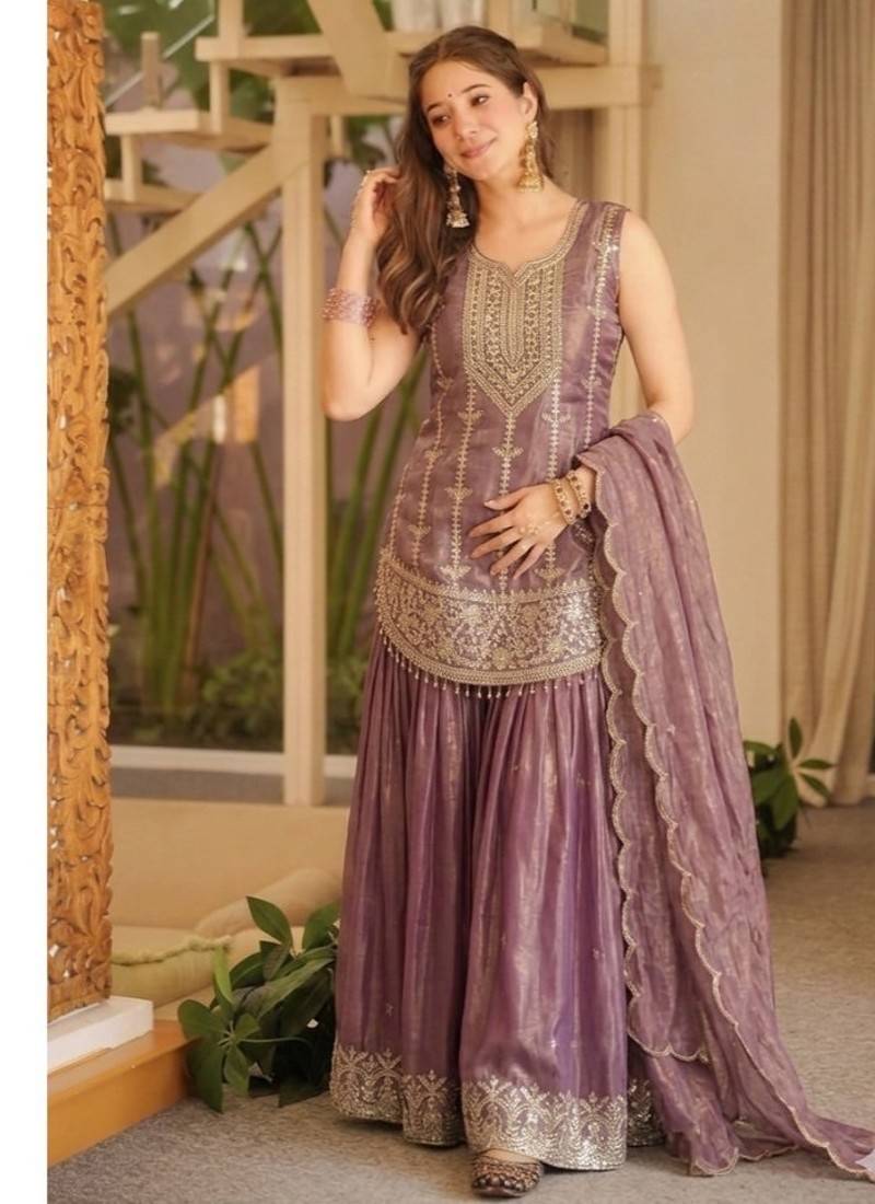 Purple embroidery frendy full stitched sharara palazzo suit set