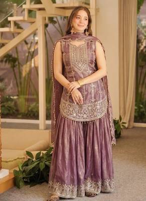 Purple embroidery fendy silk full stitched sharara palazzo suit set 2