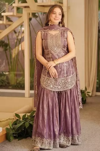 Purple embroidery fendy silk full stitched sharara palazzo suit set