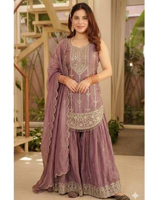 Purple embroidery fendy silk full stitched sharara palazzo suit set 3