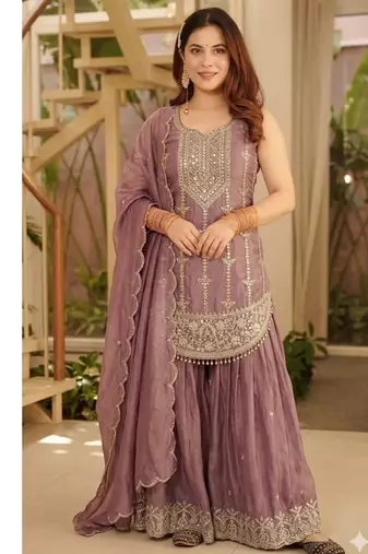 Purple embroidery fendy silk full stitched sharara palazzo suit set