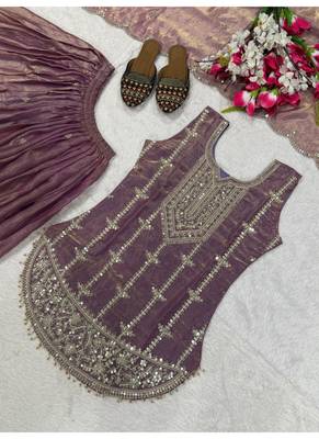 Purple embroidery fendy silk full stitched sharara palazzo suit set 4