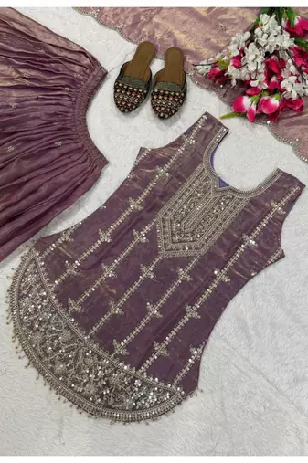 Purple embroidery fendy silk full stitched sharara palazzo suit set