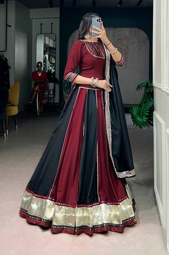 Maroon Black Mirror Lace Work Chinon Navratri Lehenga Choli with Dupatta