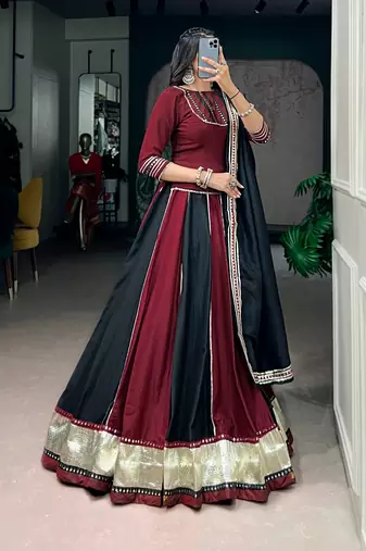 Maroon Black Mirror Lace Work Chinon Navratri Lehenga Choli with Dupatta