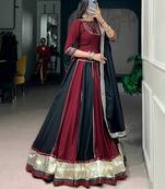 Maroon Black Mirror Lace Work Chinon Navratri Lehenga Choli with Dupatta