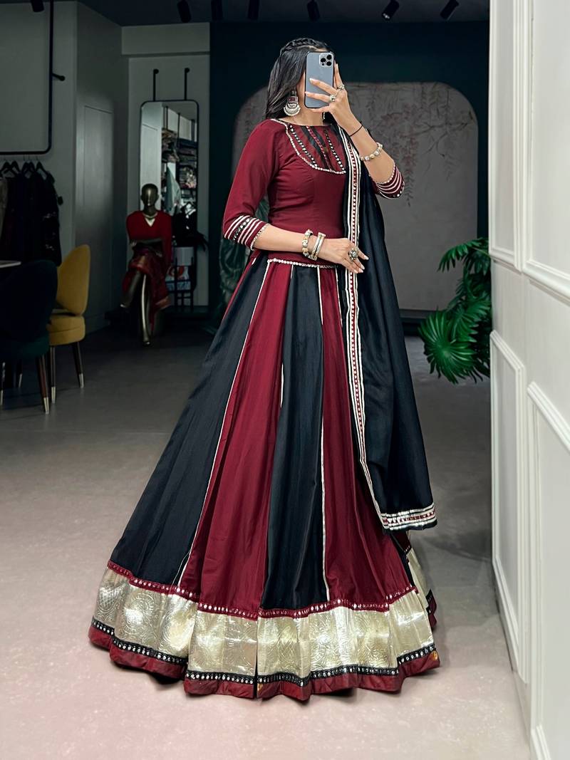 Maroon Black Mirror Lace Work Chinon Navratri Lehenga Choli with Dupatta