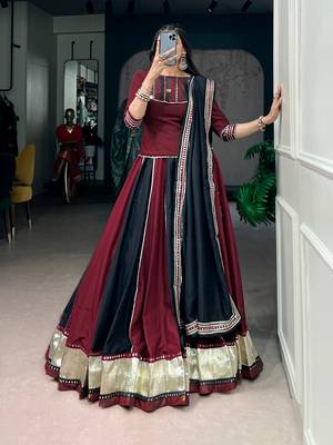 Maroon Black Mirror Lace Work Chinon Navratri Lehenga Choli with Dupatta 3