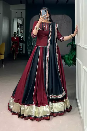 Maroon Black Mirror Lace Work Chinon Navratri Lehenga Choli with Dupatta