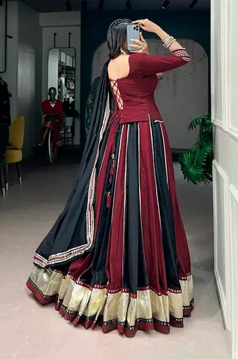 Maroon Black Mirror Lace Work Chinon Navratri Lehenga Choli with Dupatta