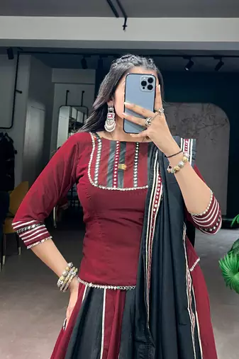Maroon Black Mirror Lace Work Chinon Navratri Lehenga Choli with Dupatta