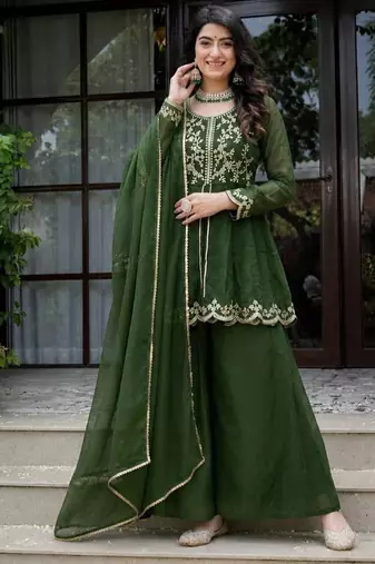 Green embroidery crunchy silk full stitched sharara palazzo suit set