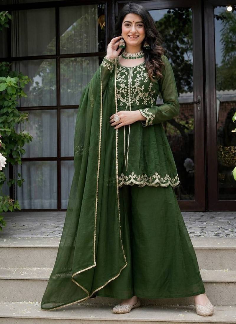 Green embroidery crunchy silk full stitched sharara palazzo suit set